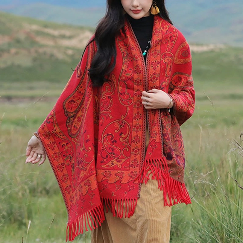 Red Tibetan paisley tassel shawl variant displayed showing warm color tone and traditional paisley motif