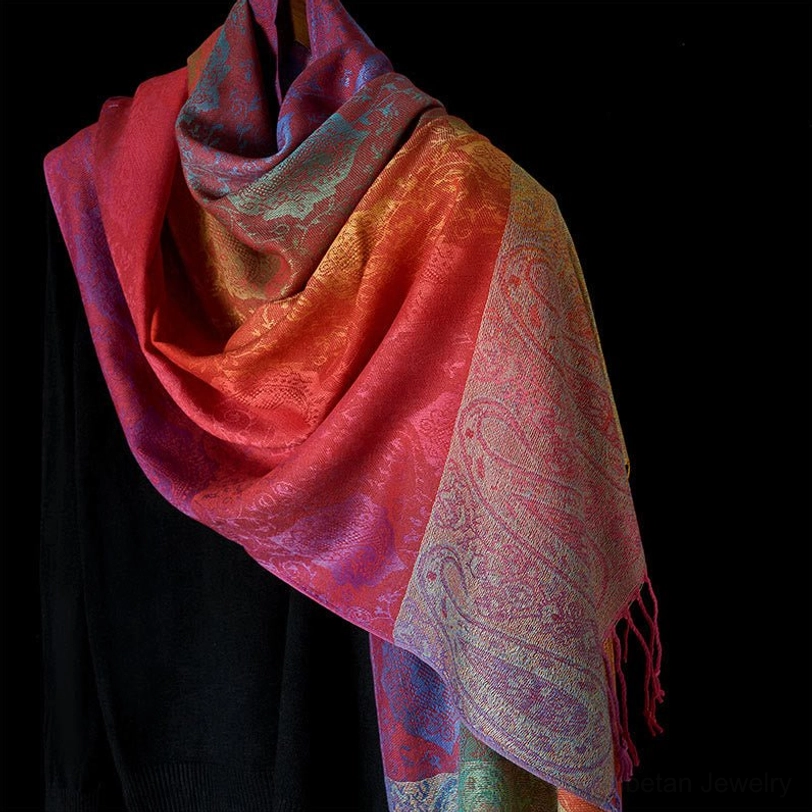 Sandy brown Tibetan rainbow paisley gradient tassel shawl - warm tone color variant with spiritual weave