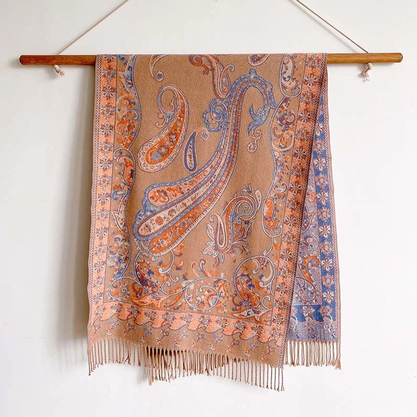 Sandy brown Tibetan paisley tassel shawl with warm earth tone paisley pattern