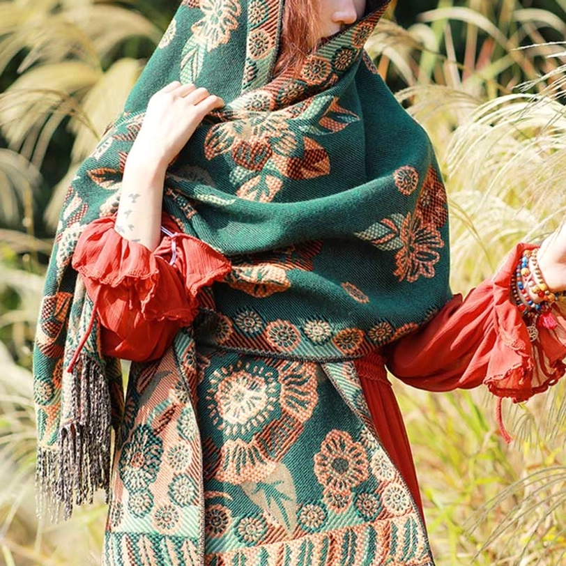 Sea green Tibetan floral paisley shawl with soft thermal properties perfect for layering and year-round comfort styling