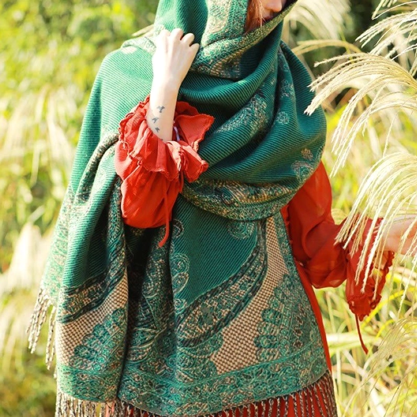 Sea green Tibetan paisley shawl color variant in natural daylight showing authentic hue and environmental-friendly natural dyeing