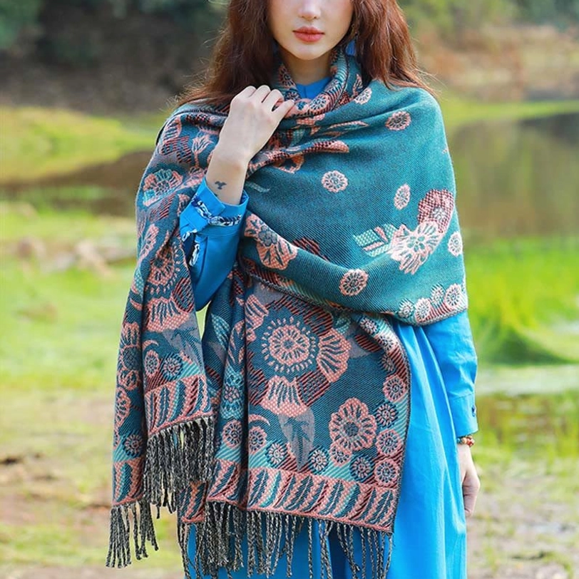 Sea green Tibetan paisley shawl variant showing contemporary color option within traditional ethnic design aesthetic