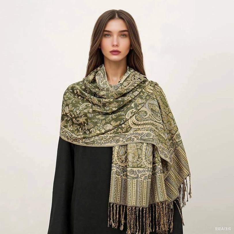 Tibetan paisley shawl shoulder drape detail showing jacquard pattern clarity and tassel hem construction