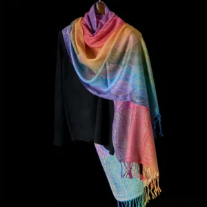 Tibetan paisley gradient shawl side draped view - colorful tassel hem detail on luxurious woven wrap