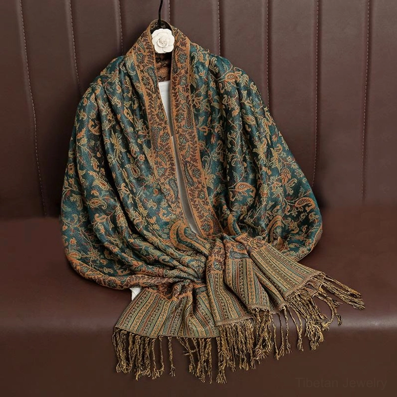 Tibetan paisley shawl size reference showing 70x180cm dimensions with tassel fringe specifications