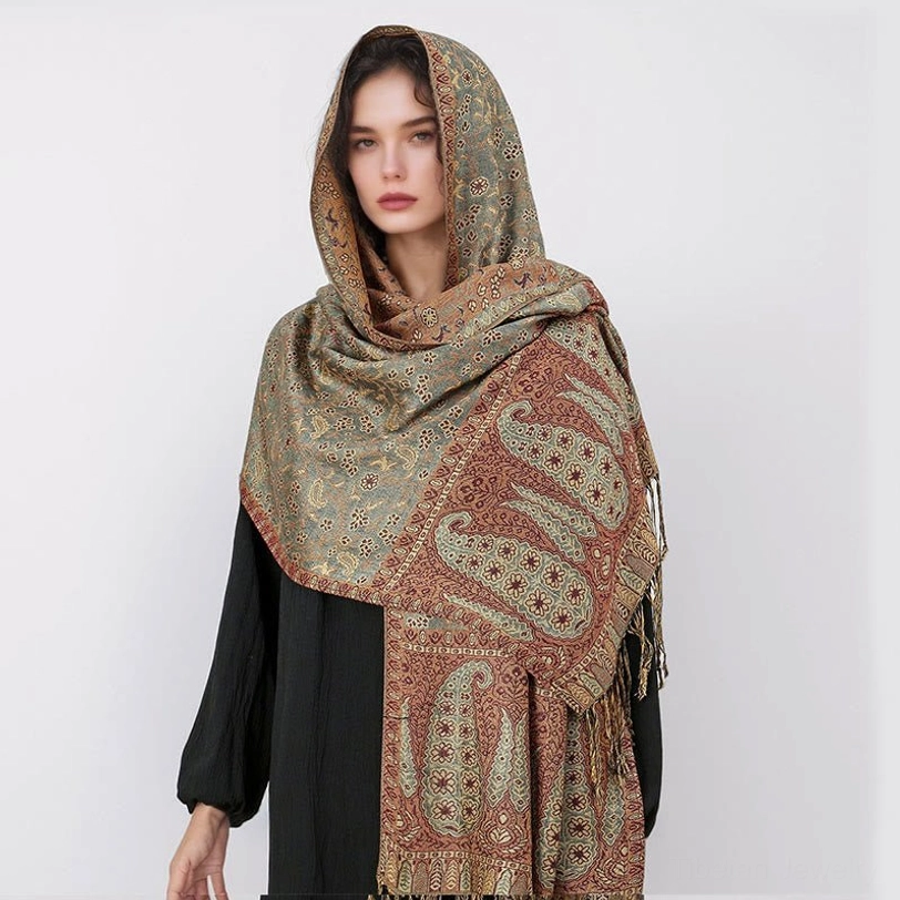 Tibetan paisley tassel shawl dimensions and size reference photo showing 70cm x 190cm proportions for optimal draping and coverage