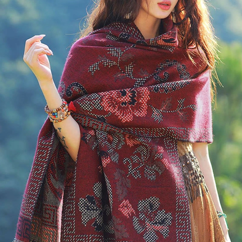 Tibetan jacquard paisley shawl size comparison showing 200cm versatility for wrapping, wearing, and decorative uses