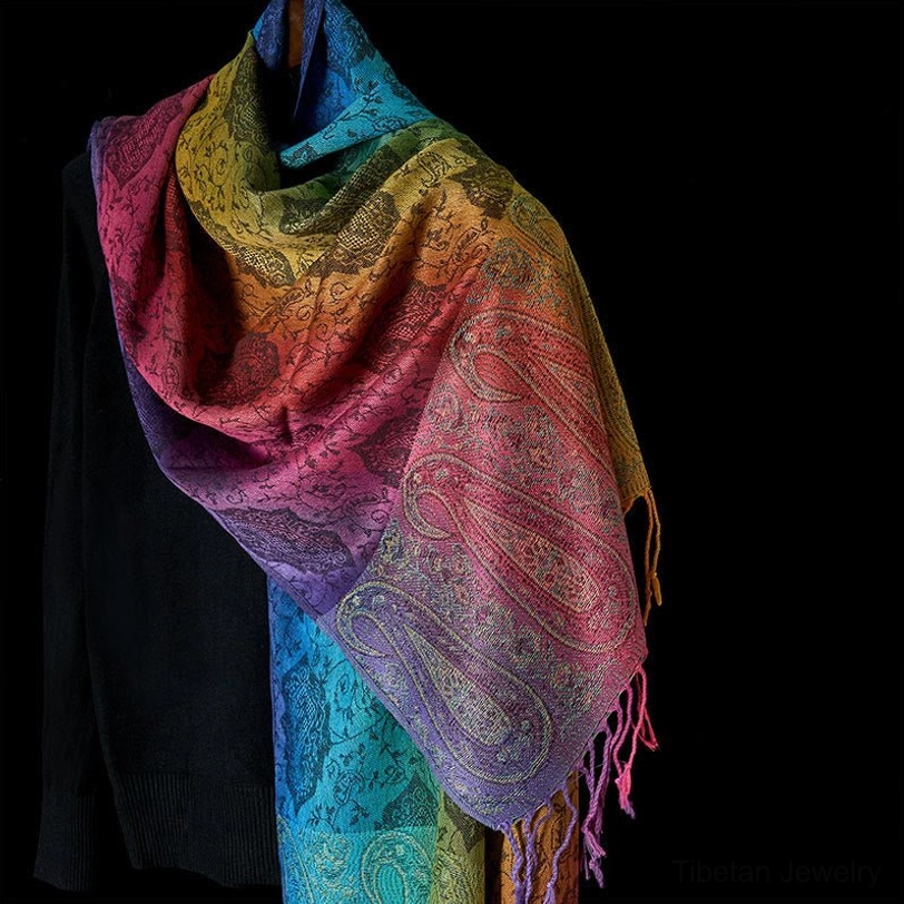 Slate blue Tibetan paisley gradient tassel shawl - cool tone handwoven bohemian textile with spiritual meaning