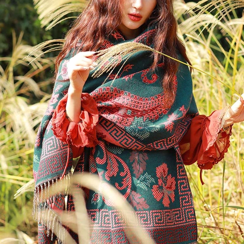 Steel blue Tibetan floral paisley shawl variant demonstrating rich color option and sophisticated ethnic aesthetic appeal