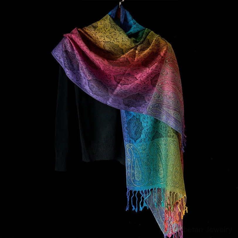 Tibetan paisley gradient shawl styling - layered look with rainbow handwoven bohemian wrap