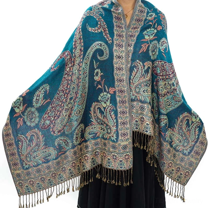 Tibetan paisley shawl teal color variant close-up showing ornate paisley and geometric weaving pattern