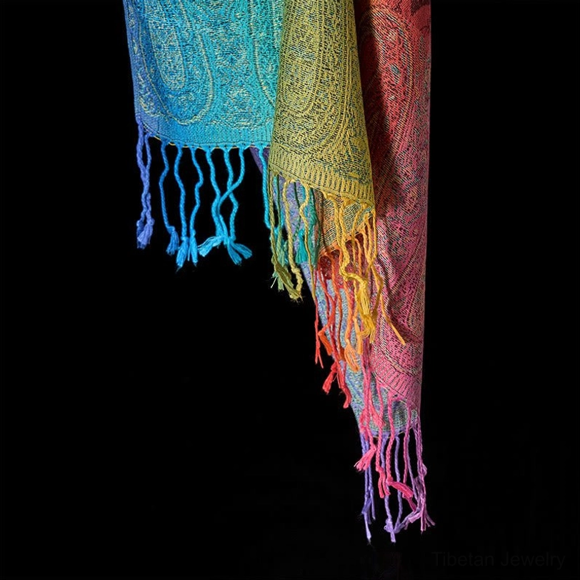 Tibetan handwoven paisley gradient shawl texture detail - premium quality jacquard weave and tassel craftsmanship