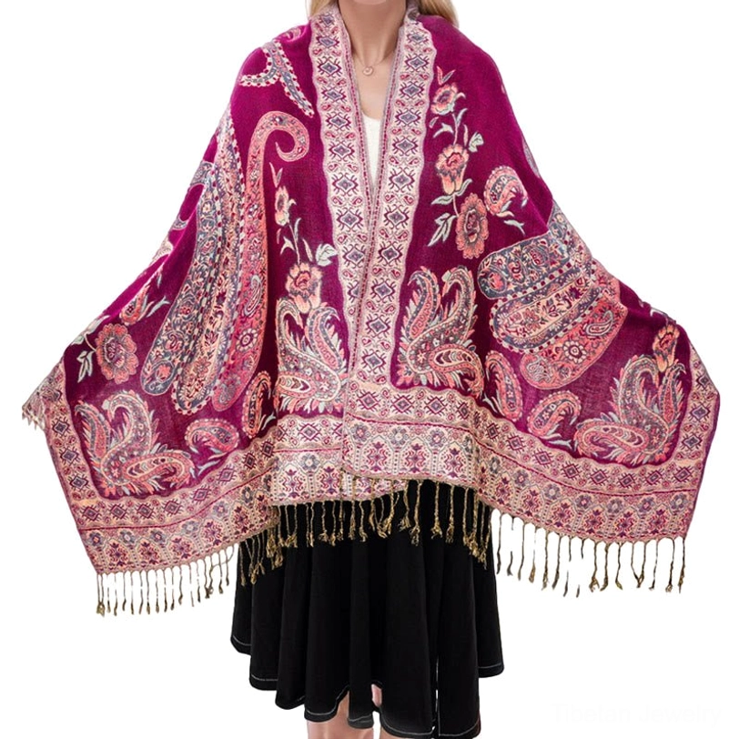 Tibetan paisley shawl medium violet red color variant showing warm tone and paisley motif