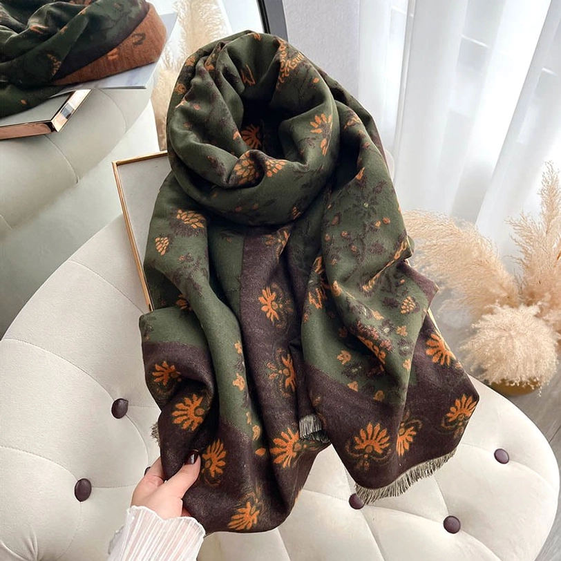 Tibetan paisley shawl wrap demonstrating versatile wearing styles and elegant drape