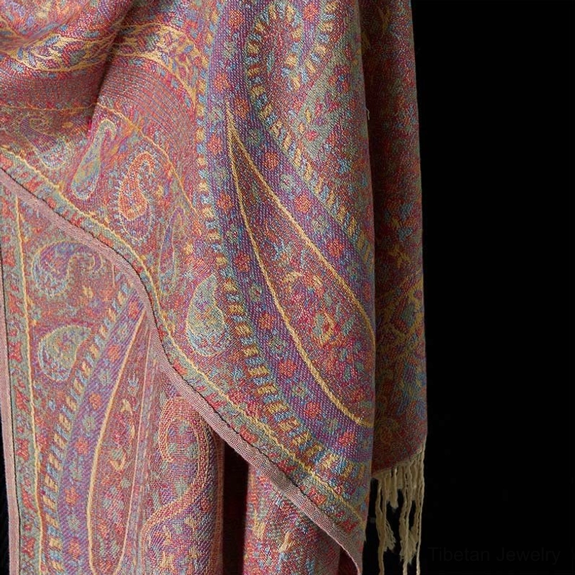 Tibetan paisley tassel scarf product showcase, displaying overall dimensions and versatile styling potential