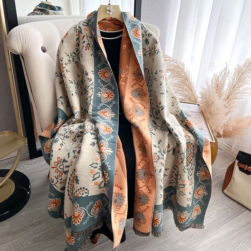 Tibetan paisley winter shawl full product view highlighting authentic handwoven construction