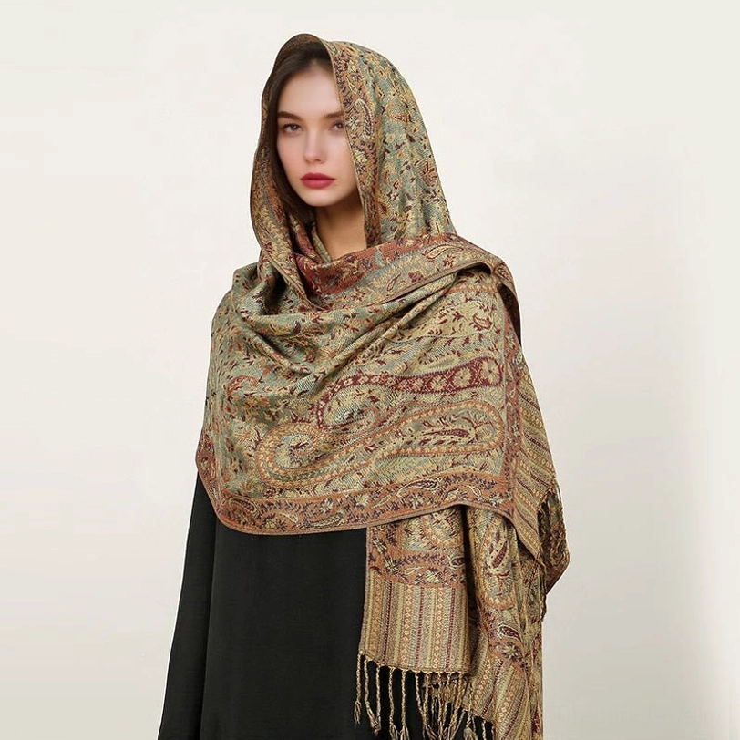 Dark sea green Tibetan paisley shawl with traditional jacquard weaving and cultural significance