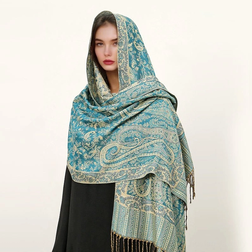 Dark turquoise Tibetan ethnic paisley shawl with traditional jacquard weaving and decorative tassels