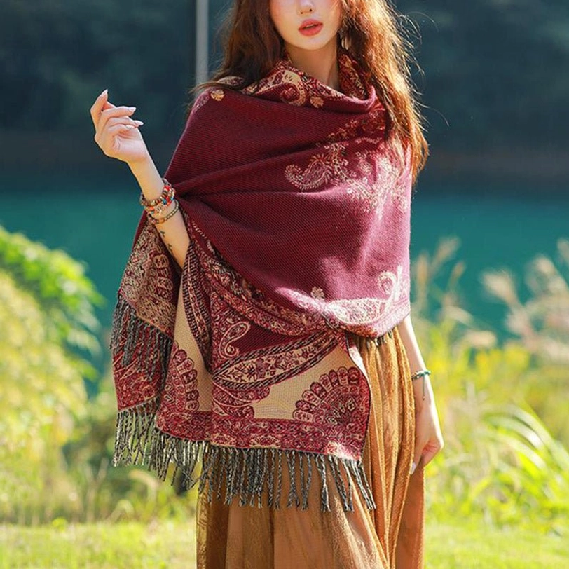 Tibetan paisley shawl wrap front three-quarter view with minimal accessories