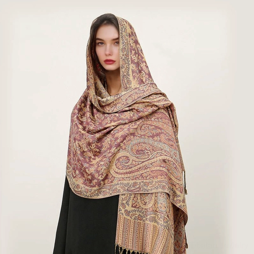 Light coral Tibetan paisley shawl with golden jacquard patterns and ethnic cultural design