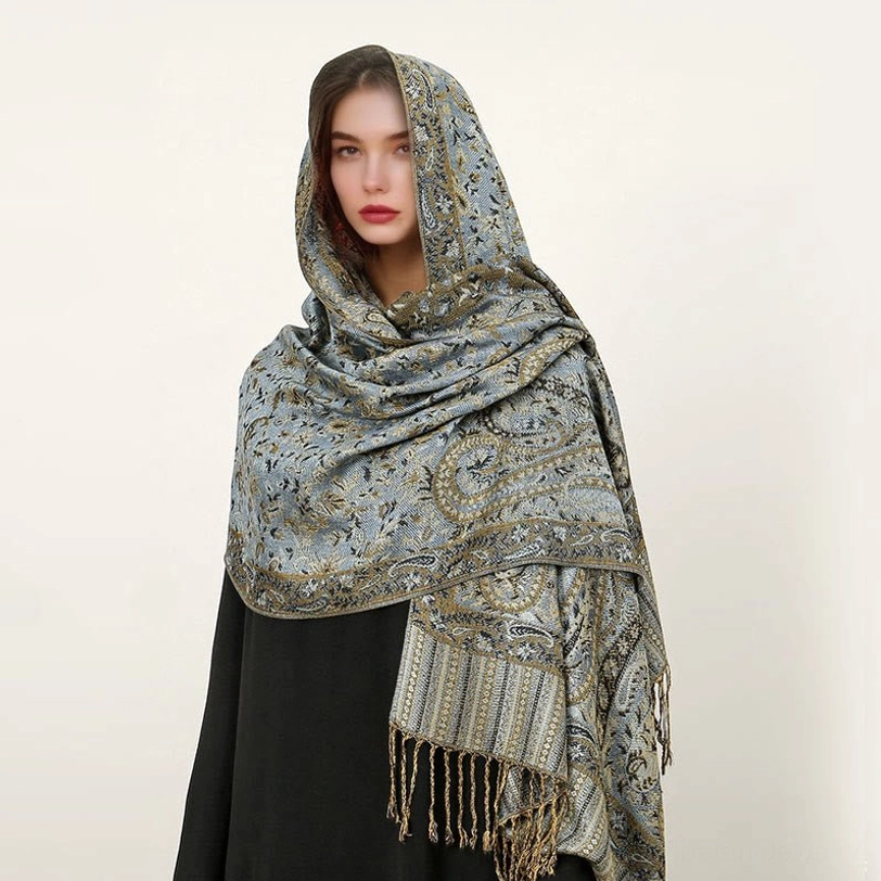 Light steel blue Tibetan ethnic paisley shawl with traditional jacquard weaving and tassel hem