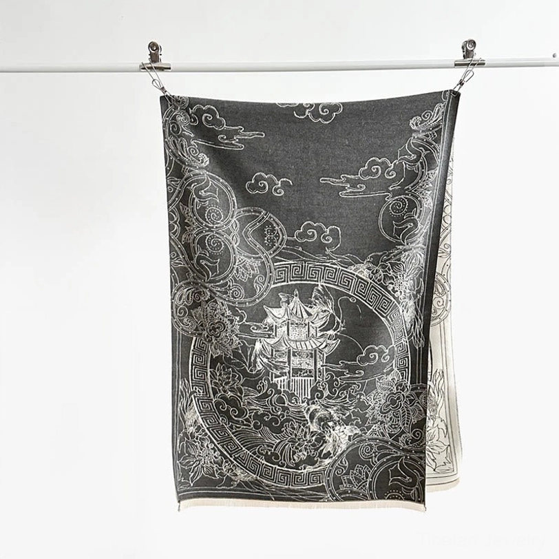 Hanging Tibetan pavilion and cloud motifs scarf in black and off-white showing centered design and traditional artistic composition