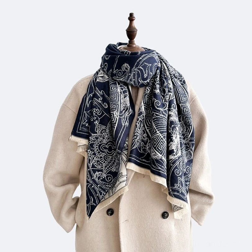 Tibetan pavilion scarf displaying rich artistic heritage with traditional koi fish and flower wave patterns handcrafted detail