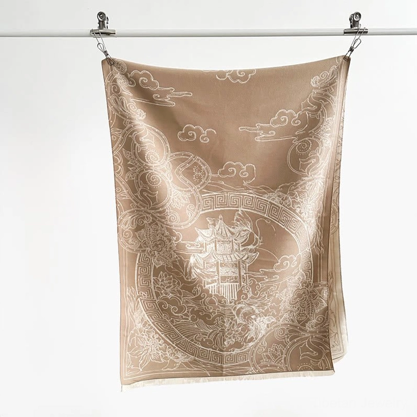 Tibetan pavilion koi fish scarf shawl showing exceptional artisan handiwork, natural dyeing, and sustainable eco-friendly materials
