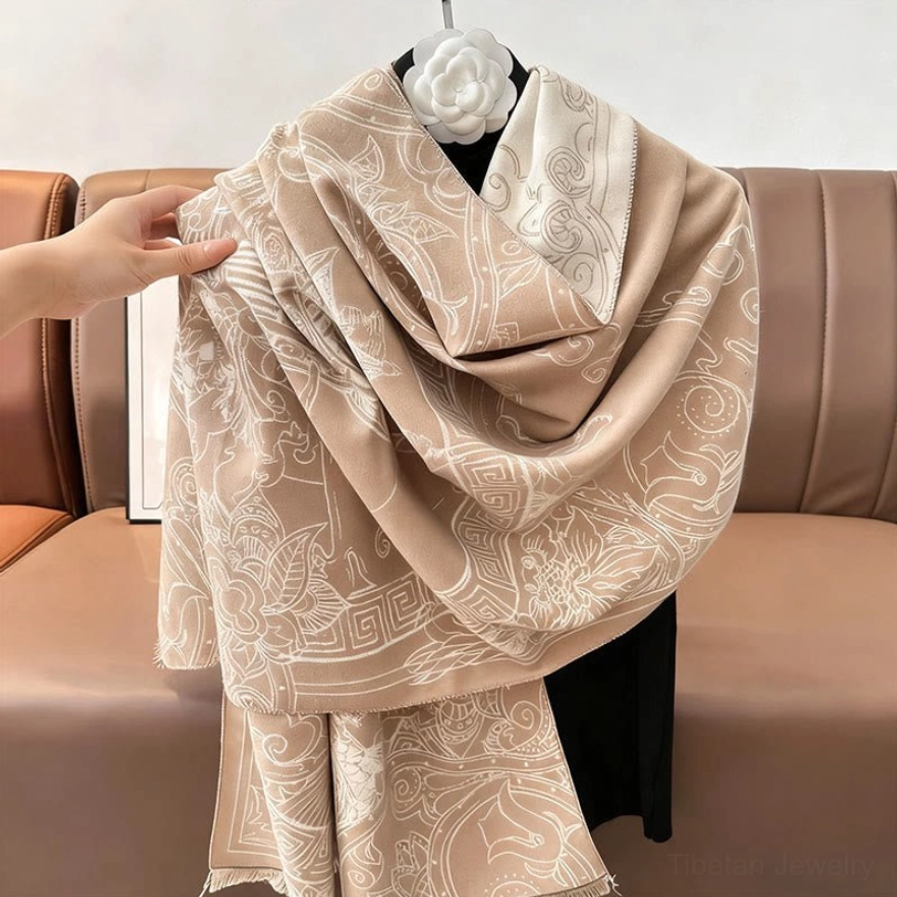 Gray Tibetan pavilion scarf variant featuring koi fish flowers and waves motifs in neutral sophisticated color palette