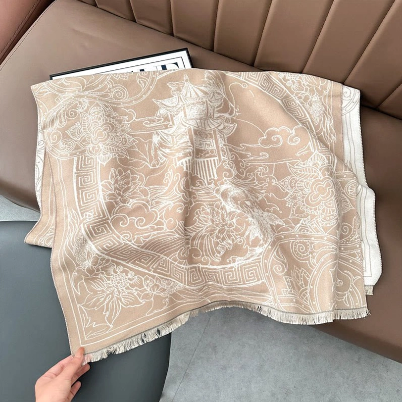 Papaya whip Tibetan pavilion koi fish scarf color variant displaying soft warm tone with traditional Eastern artistic patterns