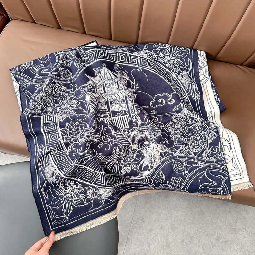Steel blue Tibetan pavilion koi fish scarf variant showing Eastern artistic motifs and premium fabric quality in studio lighting