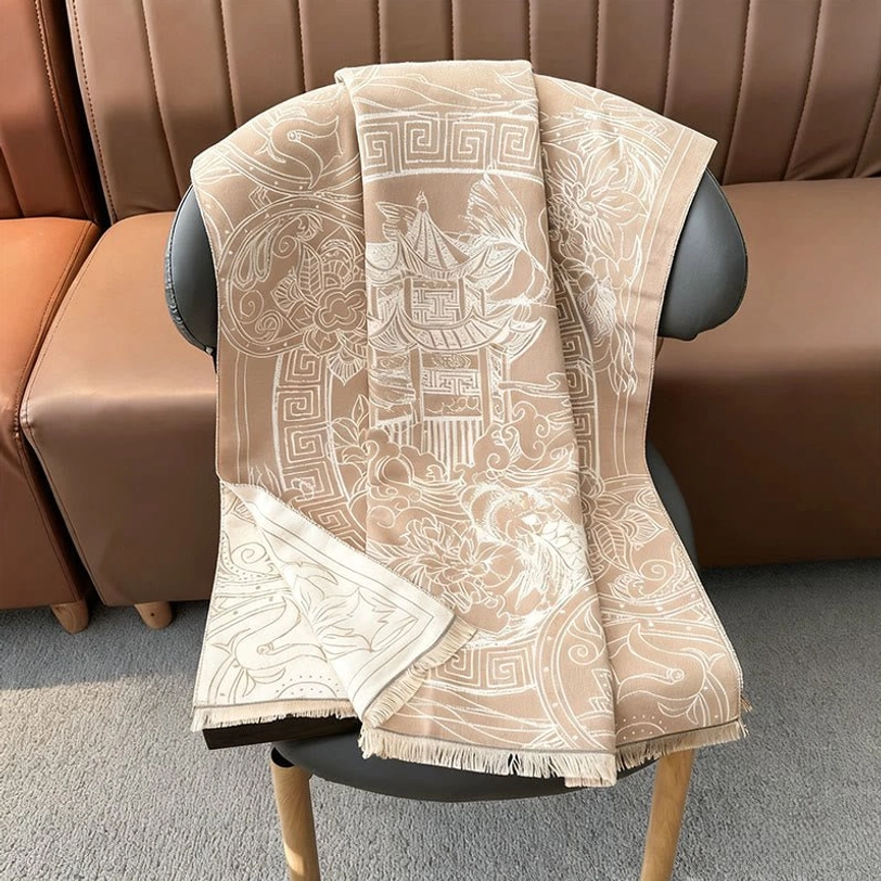 Tibetan pavilion scarf displaying authentic Buddhist and Daoist symbolism through koi fish and traditional architectural motifs