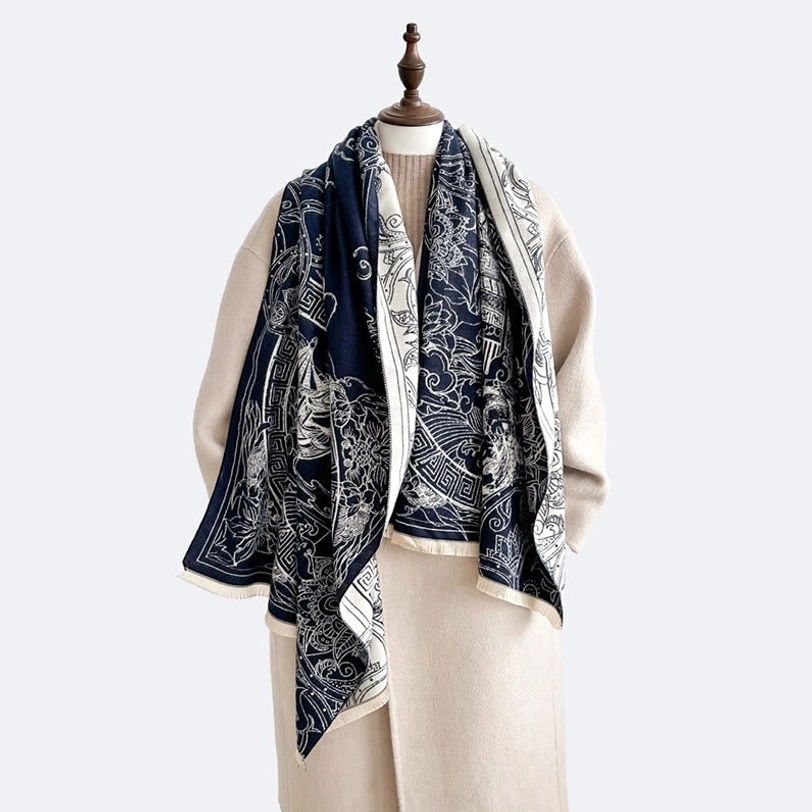 Premium Tibetan pavilion scarf shawl showing handcrafted quality, intricate weaving, and authentic Eastern cultural design elements