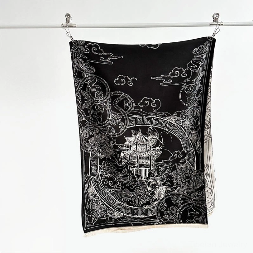 Hanging Tibetan pavilion and wave motifs scarf displaying black and off-white color scheme with centered traditional artistic design