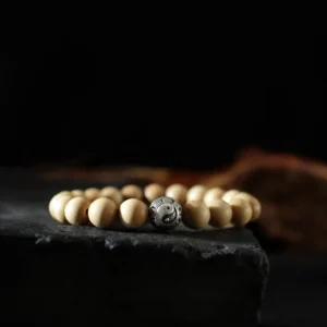 Tibetan peach wood bagua bracelet with yin yang symbol - top-down view of handcrafted wooden beads and engraved silver spacer on dark display