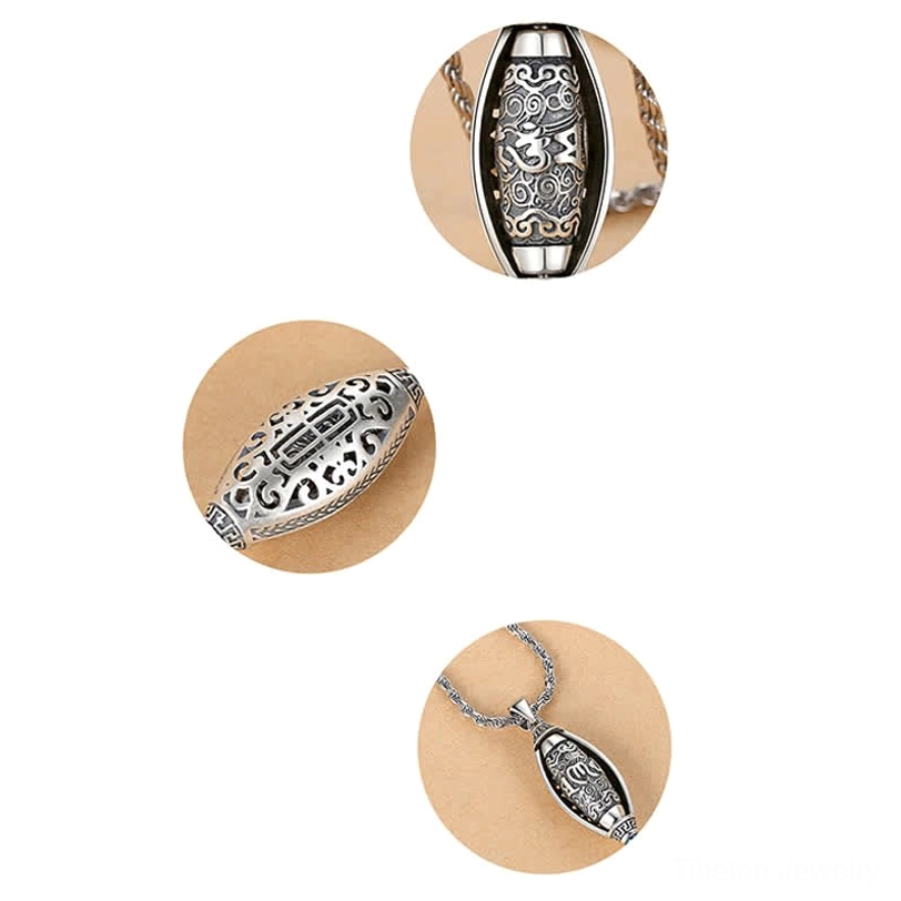 Multi-angle preview of Tibetan Om Mani Padme Hum rotatable pendant showing detail of carved structure and rotation mechanism