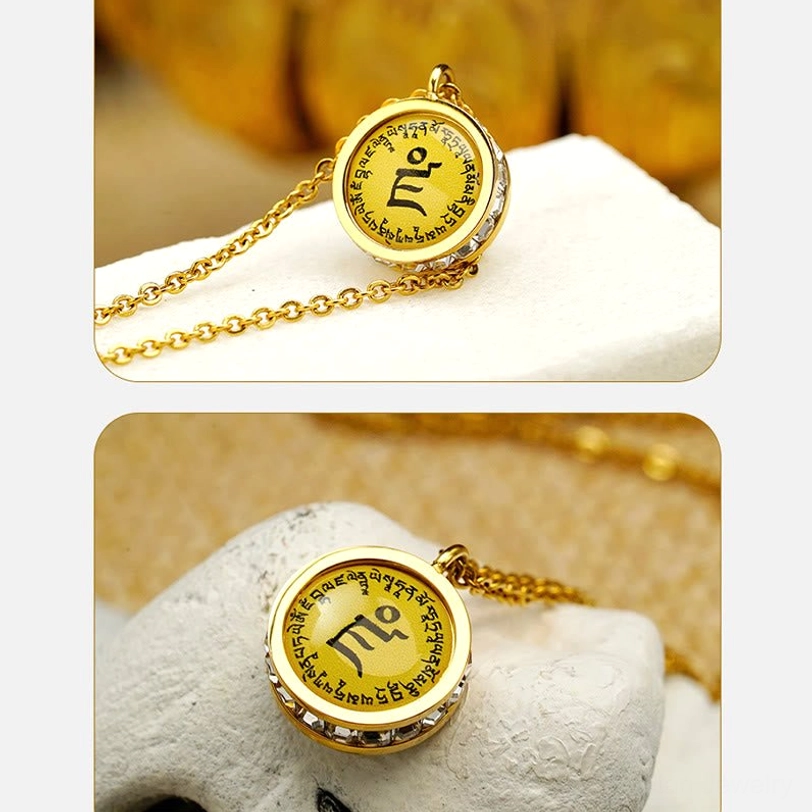 Tibetan mantra pendant necklace side lay and close-up showing gold-plated titanium steel with square crystal trim