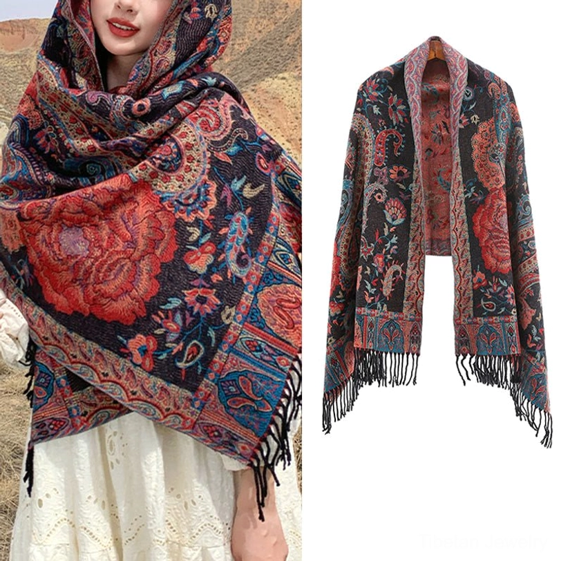 Tibetan peony shawl worn casually over everyday outfit, demonstrating versatile everyday styling and comfort