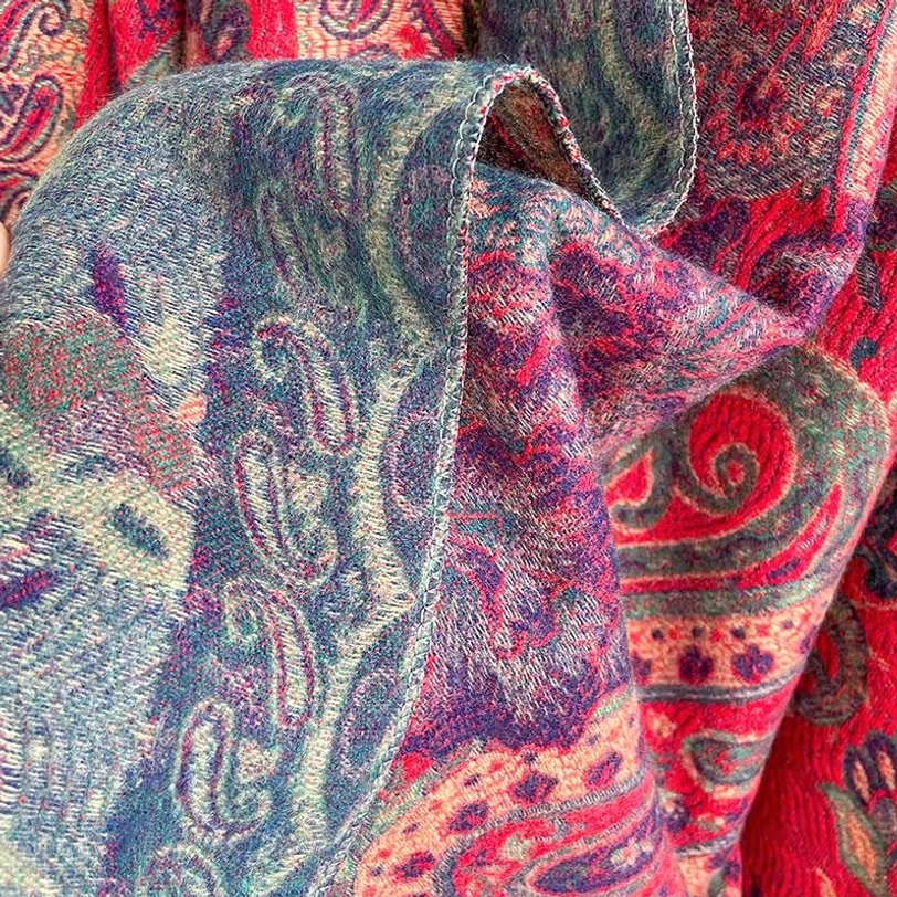 Tibetan peony shawl lifestyle shot, worn in casual comfortable setting, demonstrating everyday versatility