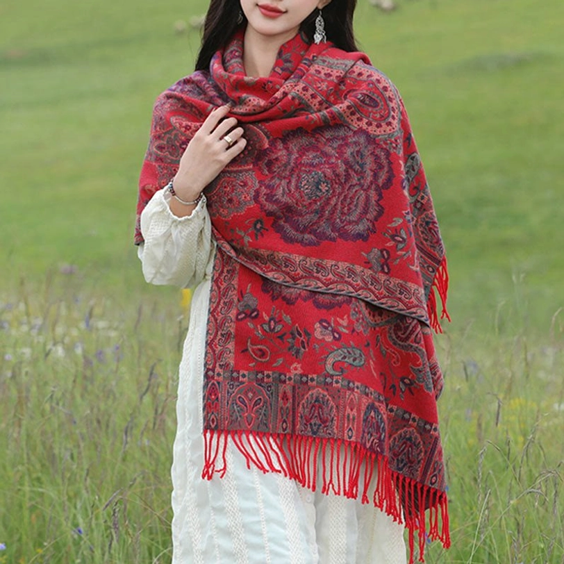 Red Tibetan peony tassel shawl full view, bold ethnic floral print, auspicious color for prosperity and spiritual energy
