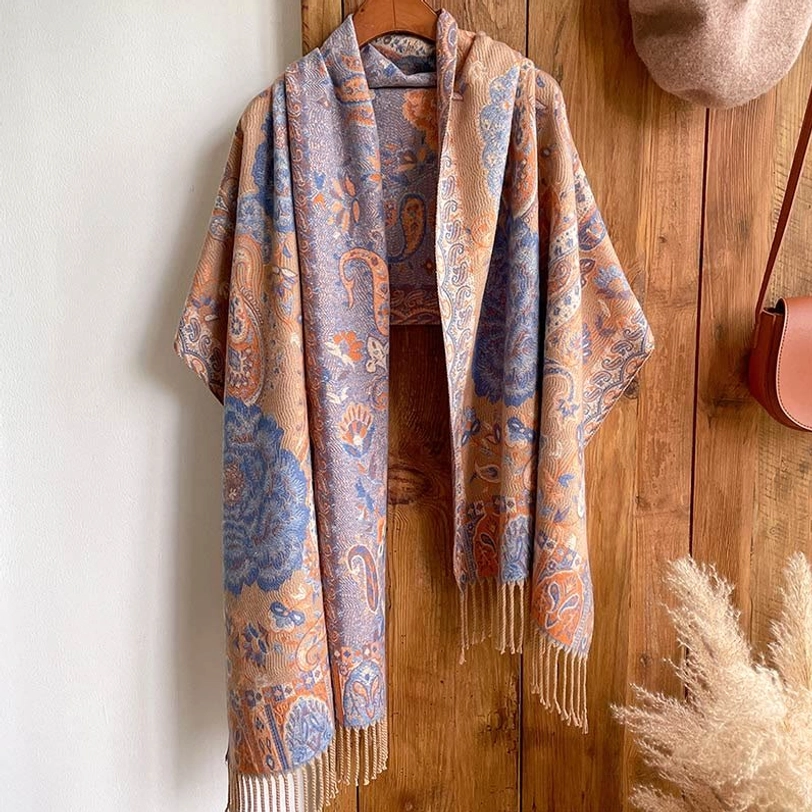 Tibetan peony tassel shawl lifestyle wear, demonstrating comfortable layering and spiritual cultural aesthetic