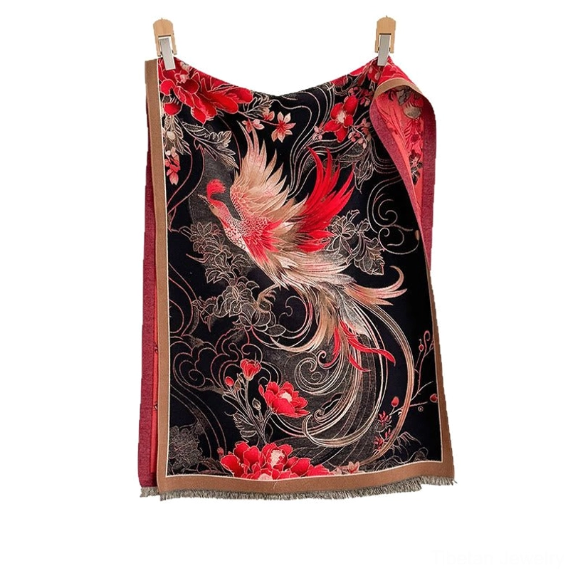 Flat display of Tibetan phoenix flower thermal shawl on white background, full front view showing classic black with red-gold festive color matching and complete tassel design