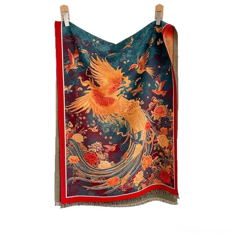Tibetan phoenix peony scarf flat display showing front design with red border and tassel trim plus green reverse side
