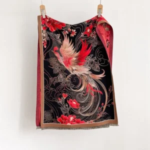 Flat lay display of reversible Tibetan tassel shawl featuring black base with red-gold phoenix floral embossed patterns and hand-finished gray frayed tassels