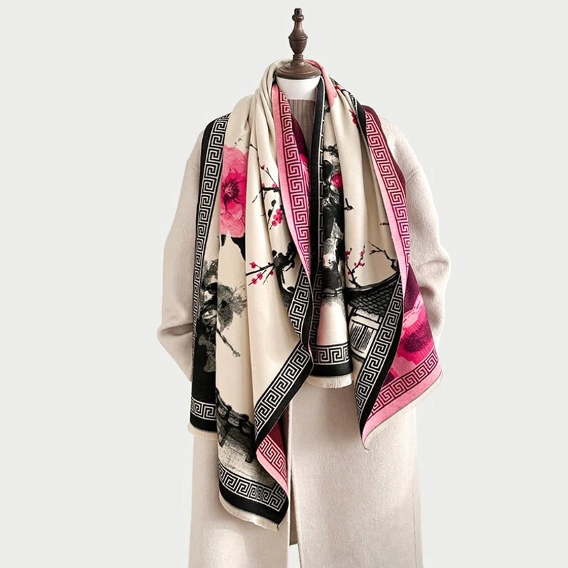 Pink floral Tibetan ink scarf worn on mannequin, cream beige with black and pink trim, pavilion and blossom design