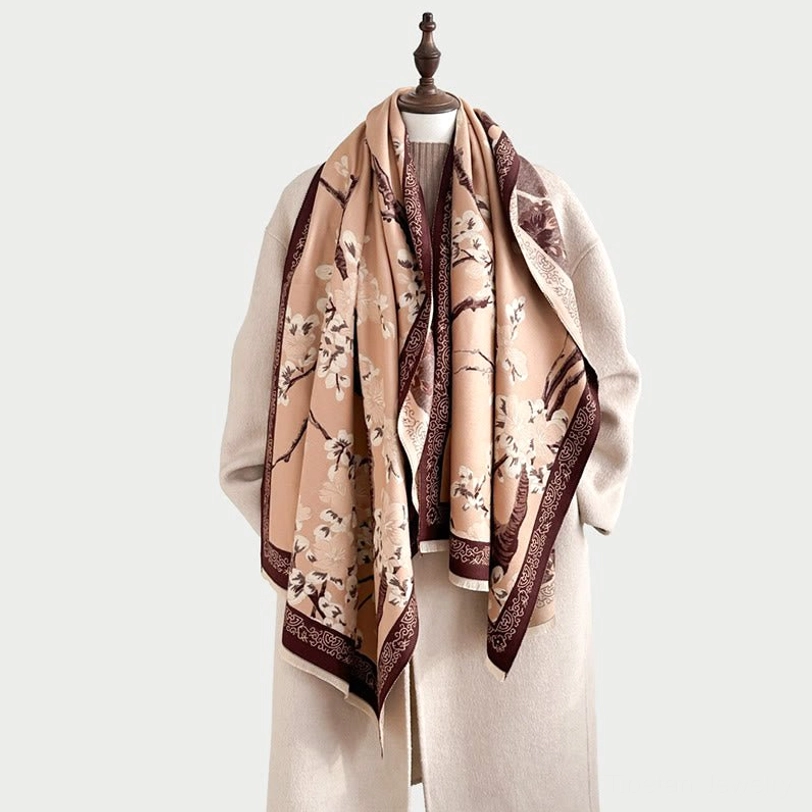 Tibetan plum blossom scarf collection view showing multiple colors and floral design variations for gift giving