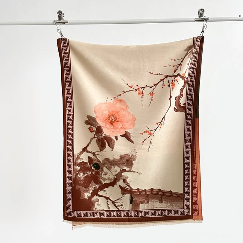 Tibetan plum blossom ink scarf hanging flat display, cream beige color with brown Greek key border and artistic floral motifs