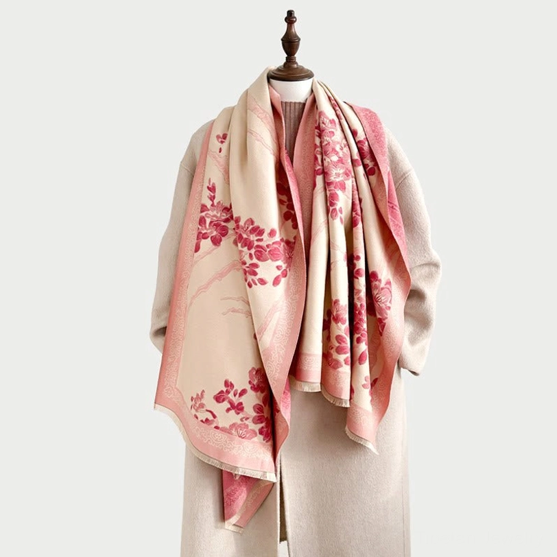Light steel blue Tibetan plum blossom scarf showing full design with floral branches and tonal trim styling detail