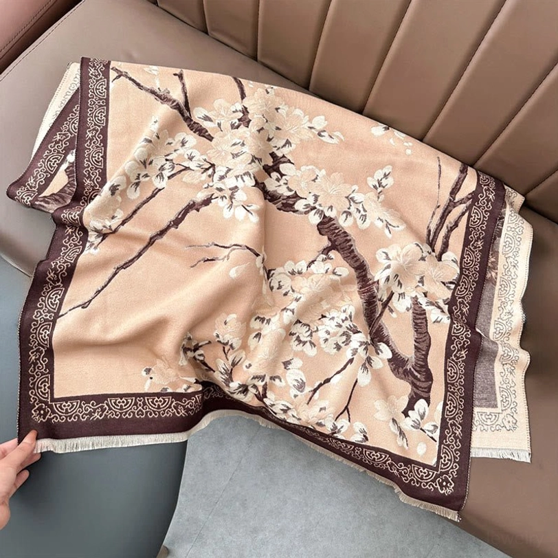 Peach puff Tibetan plum blossom scarf flat lay displaying full dimensions, floral artistry, and tassel detailing