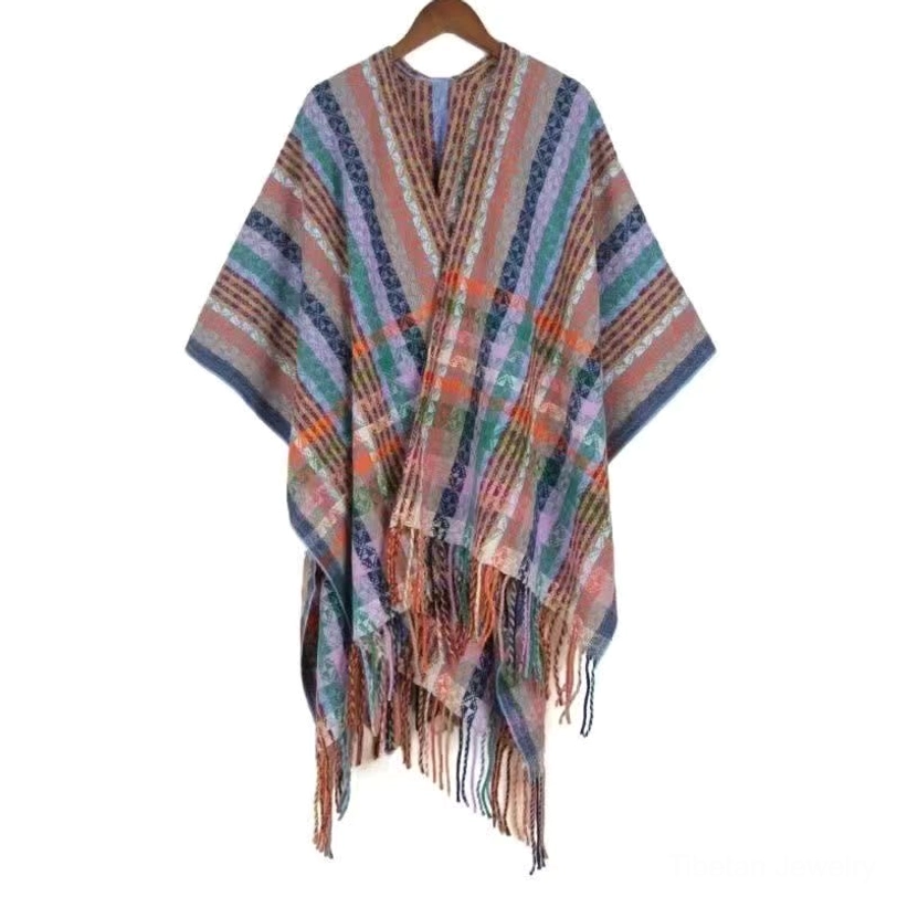 Tibetan bohemian wrap shawl in plum color variation featuring geometric stripes and flowing fringed hem